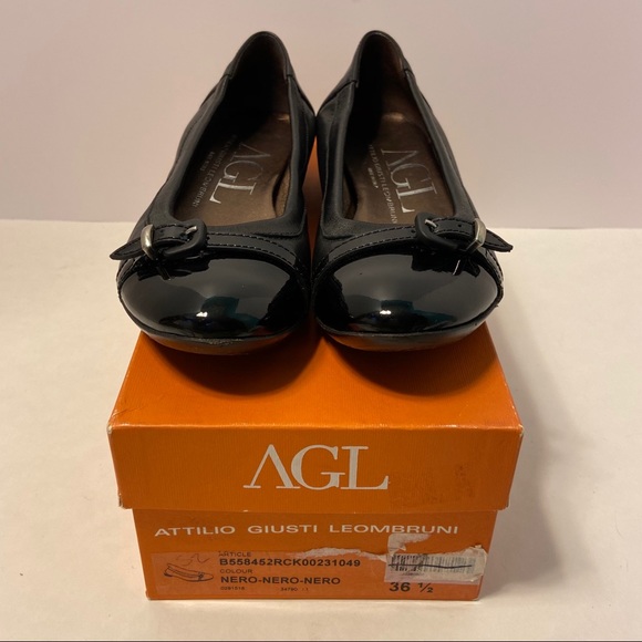 AGL Cap Toe Black Leather Slip On Ballet Flat - Picture 12 of 14